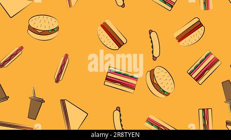 Endloses gelbes, nahtloses Muster aus einer Reihe von Ikonen mit köstlichen Speisen und Snacks für ein Restaurant-Bar-Café: burger, Sandwich, Hot Dog, Kaffee. T Stock Vektor