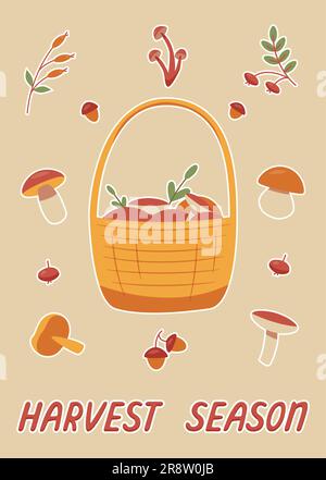 Korb im Zeichentrickstil der Erntesaison mit Pilzen, Beeren und Nüssen für Aufkleber, Poster, Postkarten, Dekoration Stock Vektor