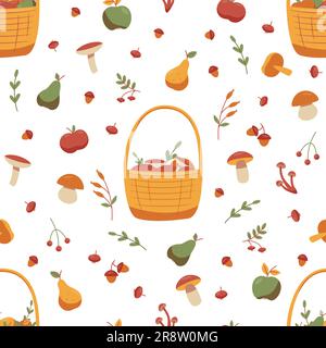 Nahtloses Herbstmuster mit Pilzen, Eicheln, Beeren, Äpfeln und Birnen. Vektordarstellung. Stock Vektor