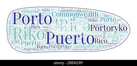 Puerto-Rico-Form mit Ländernamen in vielen Sprachen. Puerto Rico Karte im Wortwolkenstil. Attraktive Vektordarstellung. Stock Vektor