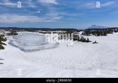 Hachiman-Teich im Schnee Stockfoto