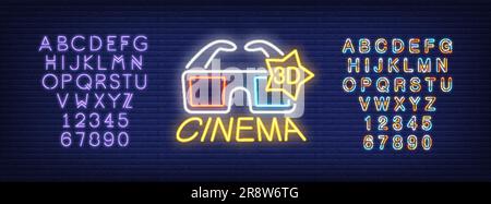 3D-Kino und alphabetisches Neonschild-Set Stock Vektor