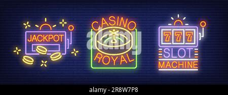 Jackpot, Casino Royal, Spielautomat, Neonschild-Set Stock Vektor