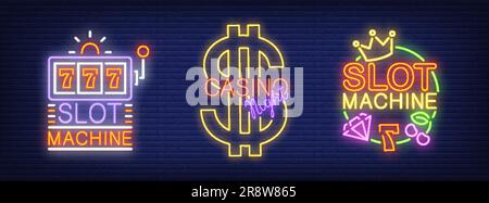 Spielautomat, Nachtkasino, Neonschild Stock Vektor