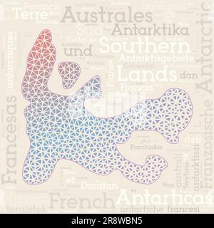 TAAF-Kartendesign. Ländernamen in verschiedenen Sprachen und Kartenform mit geometrischen Dreiecken mit niedrigen Poly-Werten. Saubere Vektordarstellung von TAAF. Stock Vektor