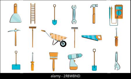 Ein großer Satz von Symbolen für Bau, Sanitär, Garten, Reparatur, Werkzeuge: Schaufel, Schraubenschlüssel Multimeter, Säge, Hammer, Bürste, Mopp, Rechen, Trolley, Spachtel, Stock Vektor