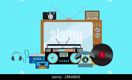 Eine Sammlung von Retro-Artikeln der alten Hipster-Elektronik aus den 70s, 80s, 90s Kassettenrekorder, Player, Vinyl, Fernseher, Radio, Kamera, ph Stock Vektor