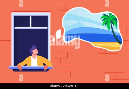 Ein Mann bleibt zu Hause und träumt von einem tropischen Urlaub Stock Vektor