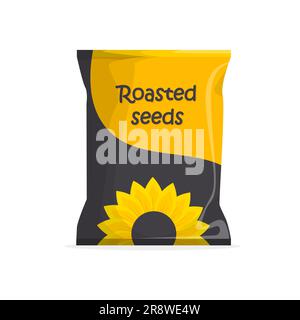Geröstete Sonnenblumenkerne. Design der Produktverpackung. Vorlage oder Modell. Vektordarstellung in einem trendigen, flachen Stil, isoliert auf weißem Hintergrund. Stock Vektor