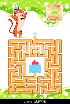 Labyrinth-Spiel für Kinder mit niedlichem Tiger und Geschenk. Stock Vektor
