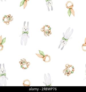 Babyspielzeuge mit nahtlosem Muster. Plüschtier- und Beißspielzeuge im skandinavischen Stil. Einfacher, wiederholter Hintergrund. Handgezeichnete Aquarelldarstellung für Stockfoto