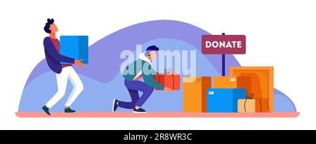 Freiwillige spenden Sachen in Kartons für arme Menschen Stock Vektor