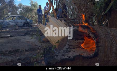 TURMUS AYYA, ISRAEL - JUNI 21: Die Palästinenser stehen neben einem Auto und einem Haus, die von israelischen Siedlern während eines Angriffs auf die Stadt Turmus Ayya in der Nähe der israelischen Siedlung Shilo am 21. Juni 2023 im Westjordanland, Israel, in Brand gesetzt wurden. Hunderte israelischer Siedler starteten einen Angriff auf die palästinensische Stadt Turmus Ayya, warfen Steine auf Häuser und zündeten Dutzende Autos und Häuser an. Kredit: Eddie Gerald/Alamy Live News Stockfoto