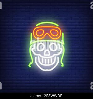 Menschlicher Schädel im Helm auf Ziegelhintergrund. Neon-Style-Vektor Stock Vektor