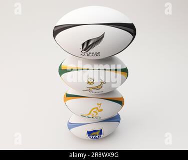Ein 3D-Rendering eines Stapels generischer Rugbybälle mit den Logos der teilnehmenden Rugby Championship-Teams Südafrika, Australien, New Efl Stockfoto