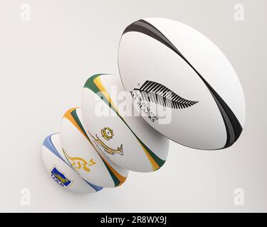 Ein 3D-Rendering eines Stapels generischer Rugbybälle mit den Logos der teilnehmenden Rugby Championship-Teams Südafrika, Australien, New Efl Stockfoto