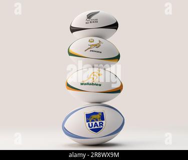 Ein 3D-Rendering eines Stapels generischer Rugbybälle mit den Logos der teilnehmenden Rugby Championship-Teams Südafrika, Australien, New Efl Stockfoto