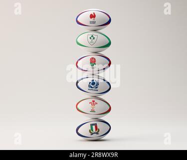 Eine 3D-Darstellung eines Stapels generischer Rugbybälle mit den Logos der teilnehmenden Six Nations Championship Teams France, Ireland, England, S Stockfoto