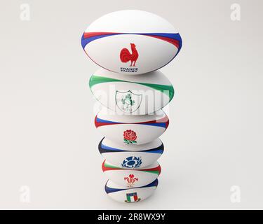 Eine 3D-Darstellung eines Stapels generischer Rugbybälle mit den Logos der teilnehmenden Six Nations Championship Teams France, Ireland, England, S Stockfoto