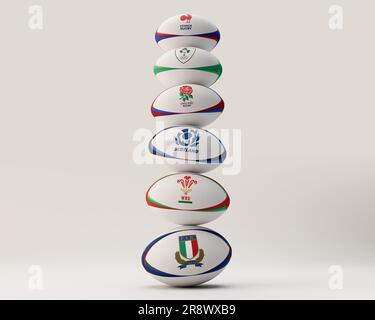 Eine 3D-Darstellung eines Stapels generischer Rugbybälle mit den Logos der teilnehmenden Six Nations Championship Teams France, Ireland, England, S Stockfoto