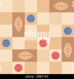 Retro-Nahtloses Muster. Abstraktes geometrisches Ornament mit Blättern und Beeren. Moderner, stylischer Hintergrund für Haus- und Textildruck, Fliesen, Stock Vektor