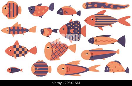 Niedliche Fischvektorsymbole. Flache Vektordarstellung für Fische. Stock Vektor