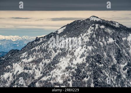 Nishihotakaguchi mit Schnee und Bäumen am Tag Stockfoto