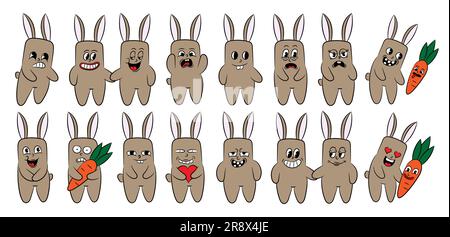 Kollektion von Retro-Charakteren mit Hippie-Stickern im Comic-Stil. Ein Satz Cartoon-Kaninchen mit verschiedenen fröhlichen Emotionen. Lustige Figur Maskottchen stic Stock Vektor