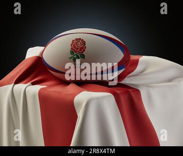 Eine 3D-Darstellung eines generischen Rugby-Balls mit dem Logo von Three Lions Rugby, das auf einer drapierten englischen Nationalflagge aufliegt - 4. Dezember 2022 in Bristol, Stockfoto