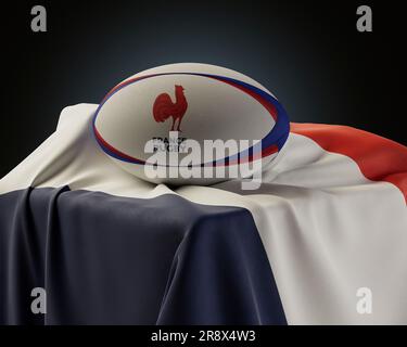 Eine 3D-Darstellung eines generischen Rugby-Balls mit dem „Les Bleus“-Rugby-Logo auf einer drapierten französischen Nationalflagge – 4. Dezember 2022 in Bristol, UN Stockfoto