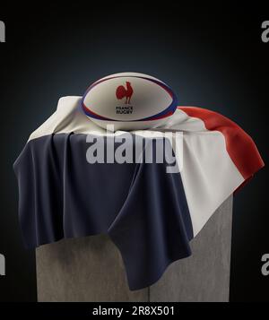 Eine 3D-Darstellung eines generischen Rugby-Balls mit dem „Les Bleus“-Rugby-Logo auf einer drapierten französischen Nationalflagge – 4. Dezember 2022 in Bristol, UN Stockfoto