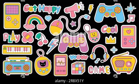 Trendige Hipster-Elemente im Retro-Look. Sammelaufkleber von Groovy retrowave Clipart. Collage mit trendigen Akzenten und flippigem Designelement. Zurück Stock Vektor