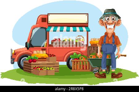 Illustration eines alten Bauern, der frisches Obst vom Food Truck verkauft Stock Vektor