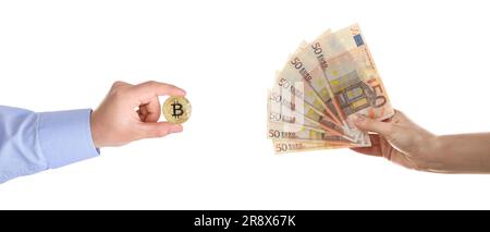 Kryptowährungsumtausch. Frau mit Euro-Banknoten und Mann mit Bitmünze auf weißem Hintergrund, Nahaufnahme Stockfoto