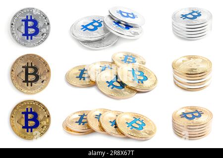 Collage mit verschiedenen Bitcoins auf weißem Hintergrund Stockfoto