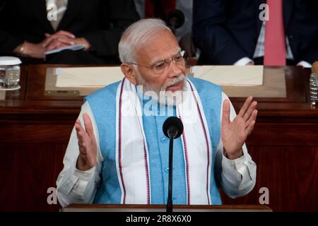 Washington, Vereinigte Staaten Von Amerika. 22. Juni 2023. Premierminister von Indien Narendra Modi hält seine Rede während einer gemeinsamen Rede vor dem Kongress im US-Kapitol in Washington, DC, am Donnerstag, den 22. Juni 2023. Kredit: Rod Lamkey/CNP/Sipa USA Kredit: SIPA USA/Alamy Live News Stockfoto