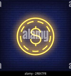 Dollarmünze auf Ziegelhintergrund. Neon-Style-Illustration Stock Vektor