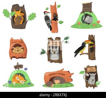 Waldtiere in Hohlräumen, Flachbild-Set Stock Vektor