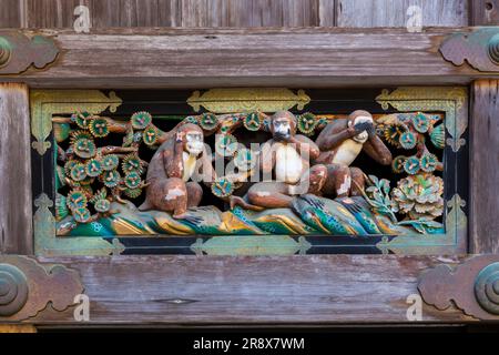 Drei Affen bei Nikko Toshogu Stockfoto