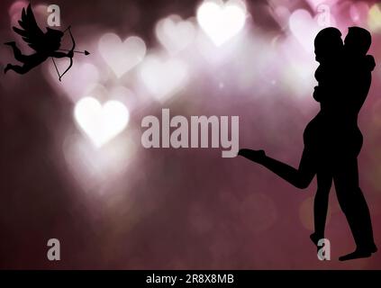 Amor schießt einen Pfeil auf zwei Liebende, die auf einem abstrakten Hintergrund am Valentinstag sitzen Stockfoto
