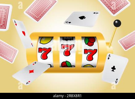 Glücksspiel-Seven-Spielautomat und fliegende Asse auf gelbem Hintergrund Stock Vektor