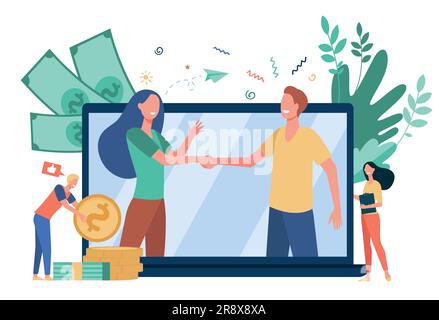 Zwei Geschäftspartner, die auf einem großen Notebook-Bildschirm die Hand schütteln Stock Vektor