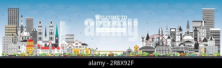 Willkommen in der Schweiz. Skyline der Stadt mit grauen Gebäuden und Blue Sky. Vektordarstellung. Moderne und historische Architektur. Die Schweiz. Stock Vektor