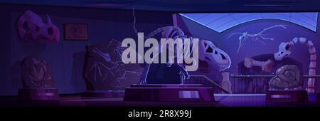 Museumsraum mit Dinosaurierskeletten und Fossiliensteinen. Vektor-Cartoon-Darstellung archäologischer Ausstellungen auf Ständen, uralte Felsen mit prähistorischen Tierprägungen, Dino-Schädel und Knochen Stock Vektor