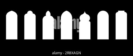 Islamische Fensterformen. Unterschiedliche weiße Rahmen auf schwarzem Hintergrund. Stock Vektor