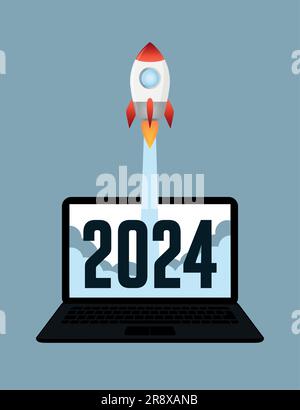 Raketenstart vom Laptop ins Jahr 2024 Stock Vektor