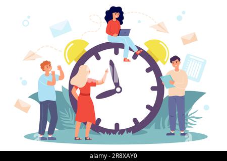 Winzige Leute, die auf einer riesigen Uhr sitzen Stock Vektor