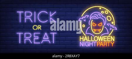 Halloween-Party-Banner im Neon-Stil. Text „Süßes oder Saures“ Stock Vektor
