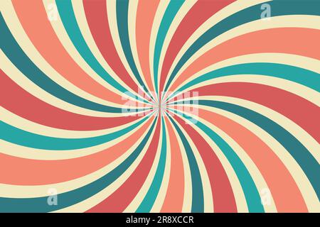 Retro-Farben spiralförmiger Hintergrund. Verdrehter Vintage-Star. Geschwungene, farbenfrohe Strahlen auf beigefarbenem Hintergrund. Optische Täuschung mit rotierenden Linien. Vektorbanner. Stock Vektor