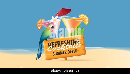 Poster mit 3D margarita-Cocktails, Papagei und Holzbrett mit Promotext Stock Vektor